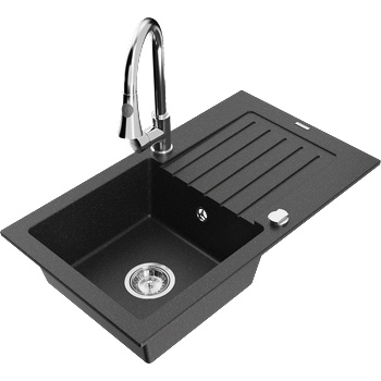 Mexen Pablo еднокоморна гранитна мивка с отцедник и кухненски смесител Elia, черен/сребърен металик - 6510-73-670101-00 (6510-73-670101-00)
