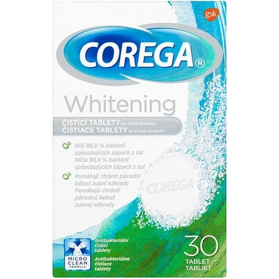 Corega Whitening čistiace tablety antibakteriálne tablety na zubné náhrady 30 ks