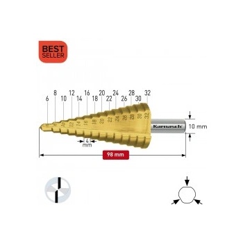 Karnasch Стъпално свредло Ø 6-32 mm (x 4 mm), HSS-XE TiN-Gold, 2x прав канал, BESTSELLER (213035)