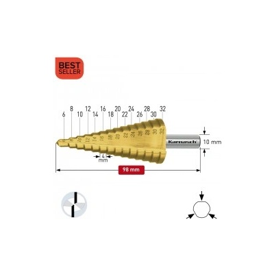 Karnasch Стъпално свредло Ø 6-32 mm (x 4 mm), HSS-XE TiN-Gold, 2x прав канал, BESTSELLER (213035)