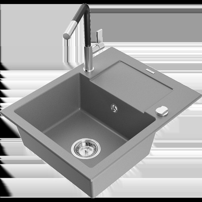 Enzo гранитна кухненска мивка с 1 отделение с отцедник и кухненски смесител Flora, сив - 6506-71-670401-07 (6506-71-670401-07)