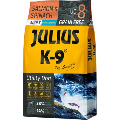 Julius-K9 10кг Adult JULIUS K-9, суха храна за кучета - със сьомга и спанак