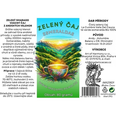 Madam Cacao Amazonia Zelený čaj Esmeraldas Kolumbie 50 g