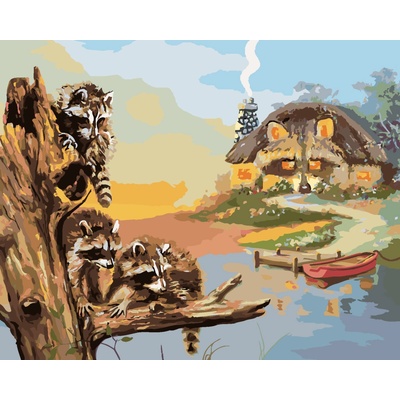 ZUTY Malování podle čísel MÝVAL NA KLÁDĚ MOLO S LOĎKOU A CHATA D RUSTY RUST Rozměr 40 x 50 cm Rámování vypnuté plátno na rám