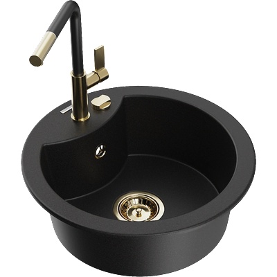 Mexen Diego гранитна мивка с една камера и кухненски смесител Flora, черен - 6512-77-670401-57-G (6512-77-670401-57-G)