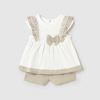 Mayoral Комплект бермуди лен в бежово и комбиниран потник за мини момиче Майорал