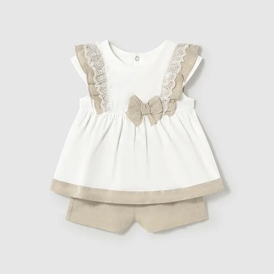 Mayoral Комплект бермуди лен в бежово и комбиниран потник за мини момиче Майорал