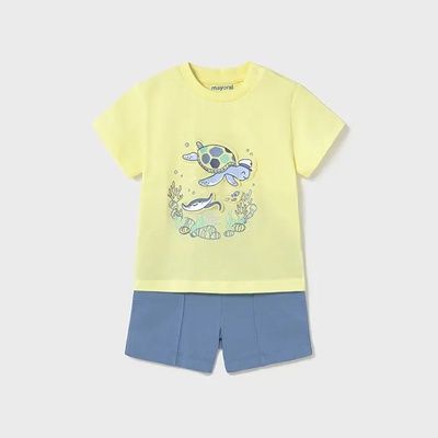 Mayoral Комплект трикотаж embossed с жълта тениска и сини къси панталони за мини момче Майорал