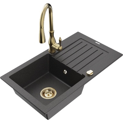 Mexen Pablo гранитна мивка с 1 камера с отцедник и кухненски смесител Savita, черна на петна - 6510-76-672601-50 (6510-76-672601-50)