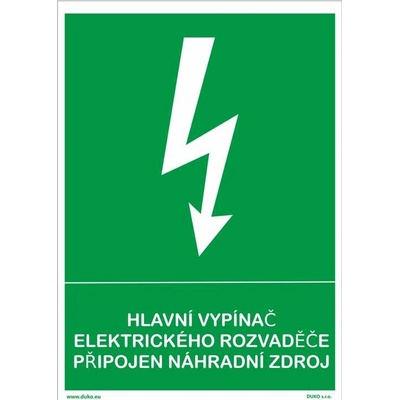 DUKO HLAVNÍ VYPÍNAČ EL. ROZVADĚČE - PŘIPOJEN NÁHRADNÍ ZDROJ Formát: 210 x 297 mm, Materiál: plast 1 mm, samolepící vinylová fólie