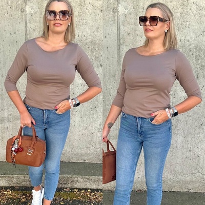 Edena Uni hnědé basic tričko s 3/4 rukávem Mokka
