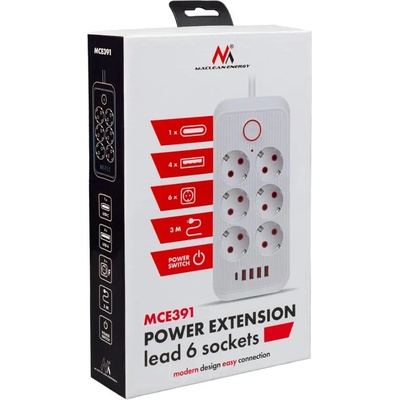 Maclean Разклонител Maclean, удължител с 6 гнезда + 4xUSB, 110-240V AC 50/60Hz, 2.1A макс. 2500W, 3 м, черен, MCE391 B (MCE391 B)