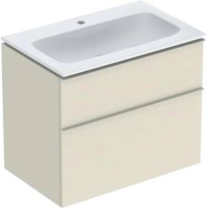 Geberit Комплект стенен долен шкаф Geberit iCon, лъскаво пясъчно сиво, 2 чекмеджета и бяла мивка 75 см (502.336.JL.1)