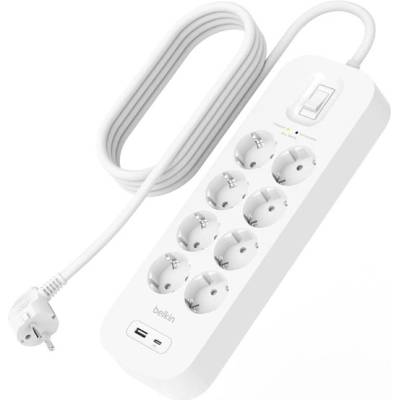 Belkin мрежов разклонител с 8 гнезда (AC+USB+Type-C), защита от пренапрежение, PD бързо зареждане + захранващ кабел 200 см, БЯЛ SRB003CA2M (SRB003CA2M)