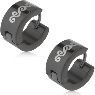 Šperky eshop lesklé černé kruhové z oceli stříbrný motiv vln S65.19