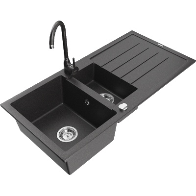 Mexen Andres гранитна мивка с 1, 5 камери и отцедник и кухненски смесител Telma, черен на пръски - 6515-76-670200-76 (6515-76-670200-76)