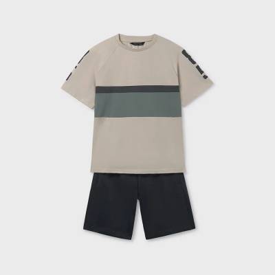 Mayoral Комплект бежова тениска с принт "85" и къси панталони в цвят графит за момче Mayoral