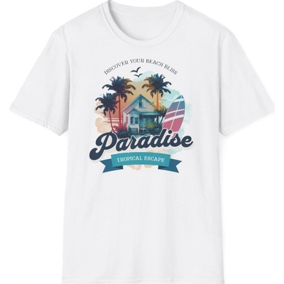Plážové tričko s potiskem Discover Your Beach Bliss Paradise unisex Softstyle White