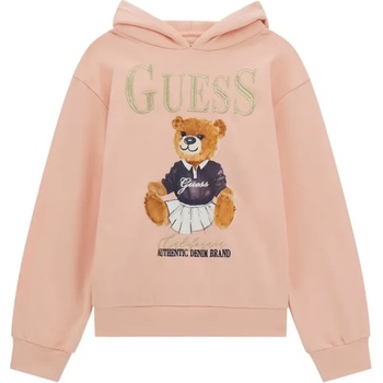 GUESS Суичър за момиче в розов с качулка, цветно мече и златист надпис Guess