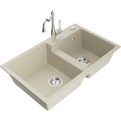 Mexen Tomas гранитна кухненска мивка с 2 корита с кухненски смесител Carla, бежова - 6516-69-670700-00 (6516-69-670700-00)