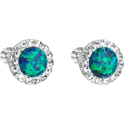Evolution Group strieborné náušnice kôstky so syntetickým opál a krištály Swarovski zelené okrúhle 31317.1