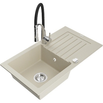 Mexen Pablo гранитна кухненска мивка с 1 корито с отцедник и кухненски смесител Aster, бежов - 6510-69-73450-07 (6510-69-73450-07)