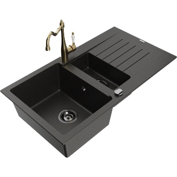 Mexen Matias гранитна мивка с 1, 5 камери с отцедник и кухненски смесител Carla черно/златно металик - 6502-75-670700-50-B (6502-75-670700-50-B)