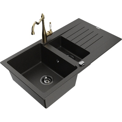 Mexen Matias гранитна мивка с 1, 5 камери с отцедник и кухненски смесител Carla черно/златно металик - 6502-75-670700-50-B (6502-75-670700-50-B)