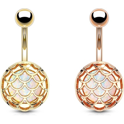 Šperky eshop kulatý piercing do pupíku z oceli motiv rybí šupiny syntetický opál AB10.09 měděná
