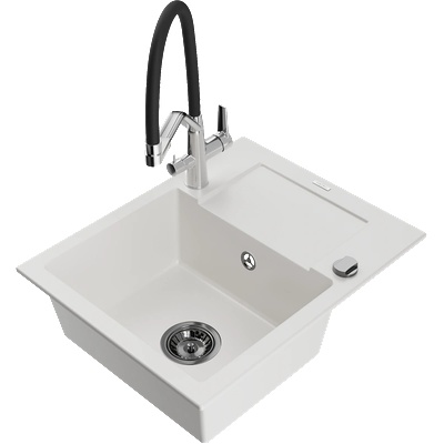 Mexen Enzo гранитна кухненска мивка с 1 корито с отцедник и кухненски смесител Duo, бял - 6506-20-671701-07-B (6506-20-671701-07-B)