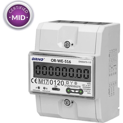 ORNO Трифазен електромер за ДИРЕКТНО мерене на ел. енергия, Modbus, еднотарифен, за DIN монтаж 4.5 мод, 80A, MID - OR-WE-516 (OR-WE-516)