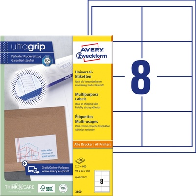 AVERY ZWECKFORM QuickPEEL 97x67,7 mm 8 etiket 100 listů Univerzální etikety A4 bílé