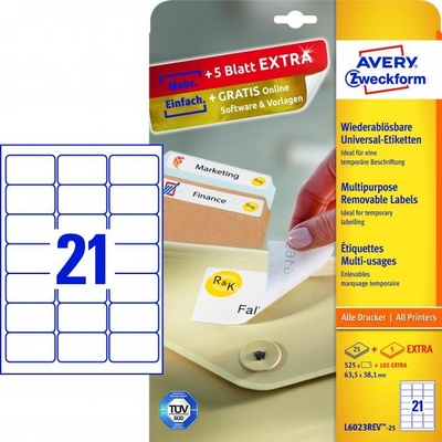 Avery-Zweckform L6023REV-25 etikety 63.5 x 38.1 mm papier biela 630 ks premiestniteľné univerzálne etikety atrament, laser, kópie; L6023REV-25