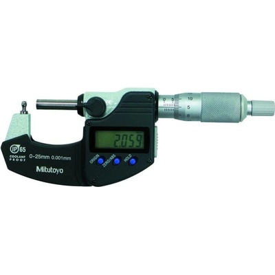 Mitutoyo Digimatic Třmenový mikrometr s kulovými nebo válcovými doteky IP65 0-25 mm typ doteků A 395-261-30