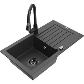 Mexen Pablo гранитна мивка с 1 отделение с отцедник и кухненски смесител Elia, черна напукана - 6510-76-670101-70-B (6510-76-670101-70-B)