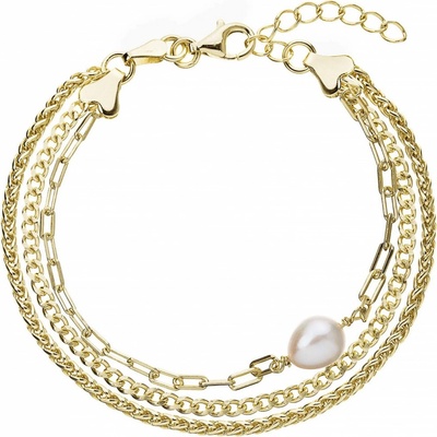 Pavona Trojitý stříbrný náramek z řetízků s bílou perlou 23028.1 Au plating