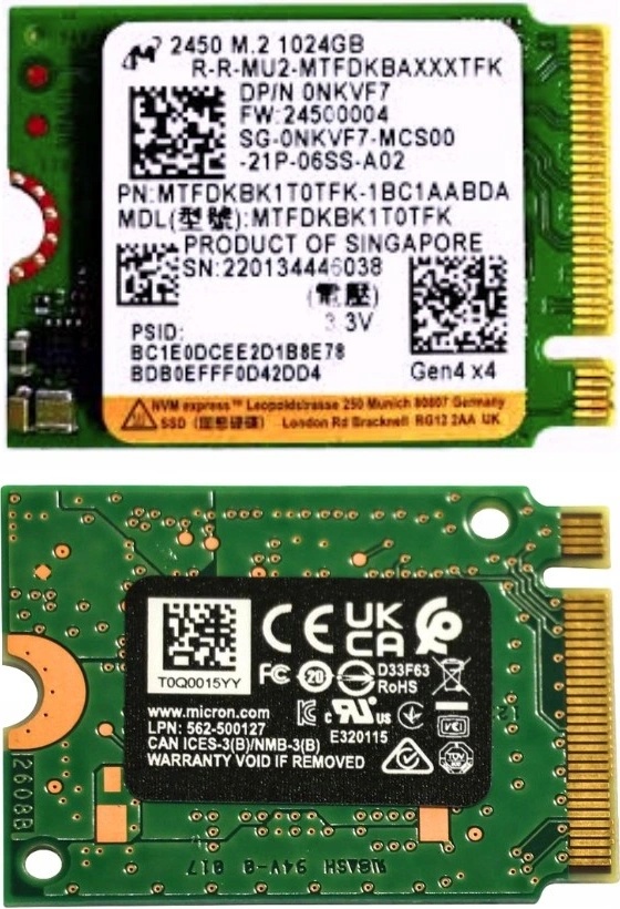 SSD 1TB【Micron】MTFDKBK1T0QFM-1BD1AABYYR Micron® 2400 1TB NVMe™ M.2 (22x30mm) Client SSD