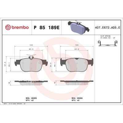 BREMBO Sada brzdových platničiek kotúčovej brzdy P 85 189E