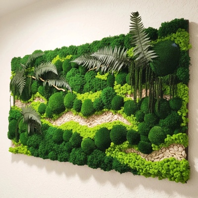 Unikátne machové obrazy na stenu v tvare obdĺžnika. Exkluzívna kombinácia lišajníka, paprade a prírodného kameňa - 30 × 60 cm