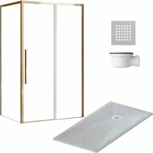 Rea Комплект душ кабина Rea Solar 90x120 см златист, душ корито Balneo и бял сифон за вана и сив капак за вана (5902557355853+STFLG9012025+STSYPHON68+STCOVER-LG)