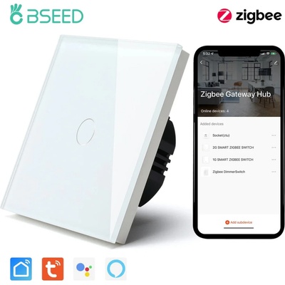 BSEED Zigbee dotykový vypínač bez nulového vodiča – sklo, 1–3 tlačidlá 1 Biela
