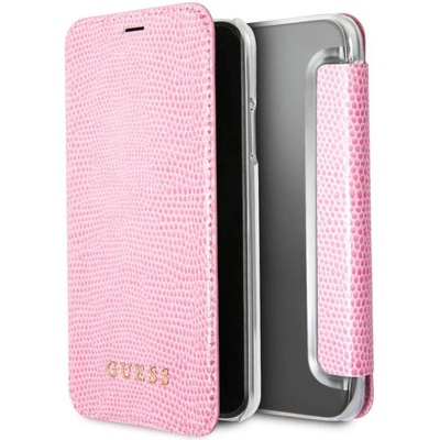 GUESS Iridescent Python Book Case - дизайнерски кожен калъф, тип портфейл за iPhone XS, iPhone X (розов)