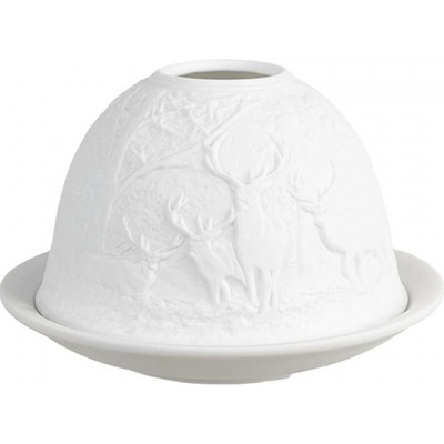 Bílý porcelánový svícen na čajovou svíčku jeleni v lese – 12x8 cm