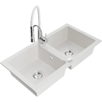 Mexen Mario гранитна мивка с 2 камери с кухненски смесител Aster, бял - 6504-20-73450-02 (6504-20-73450-02)