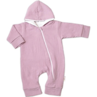 Baby Nellys Mušelinový overálek s kapucí dvouvrstvý Hand Made pudrový růžový