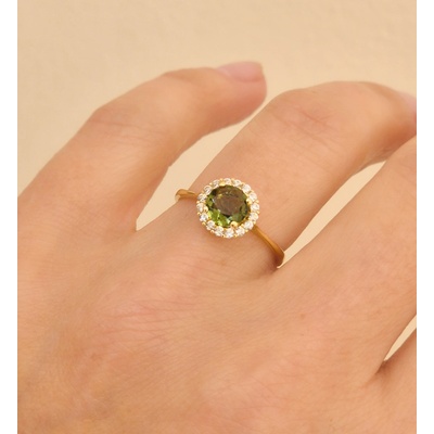 Vltavín Moldavite Zlatý prsten s vltavínem a zirkony P22 0020