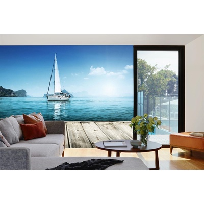 DIMEX ART Самозалепваща се флизелинова фототапета яхта на дървен кей 375 x 250 см