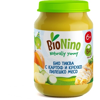 BioNino Био Пюре с Тиква, Картоф, Тиквички и Пилешко Месо, 6+М 190гр (4212)