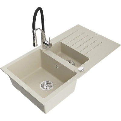 Mexen Matias гранитна мивка 1, 5-коморна с отцедник и кухненски смесител Aster, бежов - 6502-69-73450-07 (6502-69-73450-07)