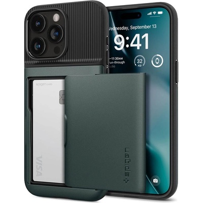 Spigen Slim Armor CS Case - хибриден кейс с отделение за кр. карти и най-висока степен на защита за iPhone 15 Pro Max (зелен)